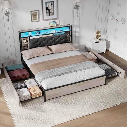 BTM Double Bed with 4 Storage Drawers, Vintage Rustic Wooden Double Bed Frame with Concealed Storage Headboard, LED Lighting and Charging Station, 4FT6-135x190cm, Linen, Grey (No Mattress)