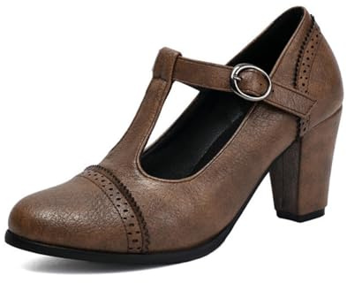 Frauen Vintage T - Strap Heels PU-Leder Blockabsatz Formelle Partyschuhe Bequeme Büro & Freizeit Pumps,Braun,43 EU