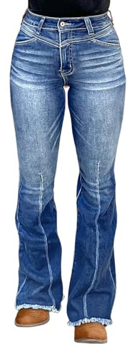 Flamingals High Waisted Tummy Control Bootcut Jeans for Women Butt Lifting Stretchy Jeans Retro Frayed Hem Navy Blue L