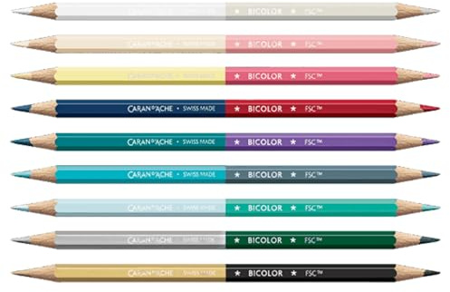 Caran d'Ache Juego de 9 lápices bicolores, edición especial Alpine Frost, 18 colores y pincel, caja de cartón premium, luminancia, lápices de artista, colorear, arte de acuarela, tono de color