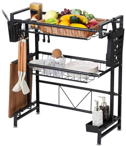 fiakoais Over The Sink Dish Drying Rack, 2 Tier Over Sink Drainer Rack, Adjustable Expandable Dish Drying Rack, Above Sink Storage Shelf for Kitchen Counter Organisation (Black)