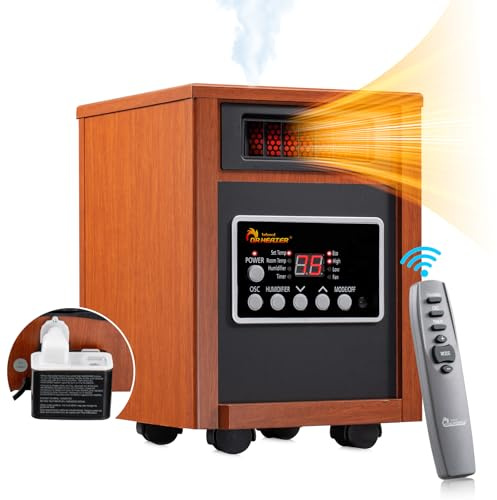DR. INFRARED HEATER DR-998, 1500W Dual Heating Infrared Space Heater with Humidifier, Oscillation, Remote Control, Thermostat & Safety Protection, Portable with Wheels, Energy Efficient, Cherry
