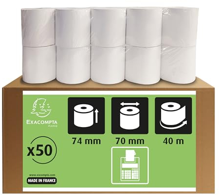 Exacompta 40655E 50er Pack Kassenrollen, 1-lagig Offset(holzfrei) standard, Breite: 74mm, Länge 40m, Durchmesser Kern 12mm, 60g/m², extra-weiß für Tischrechner und Rechenmaschinen