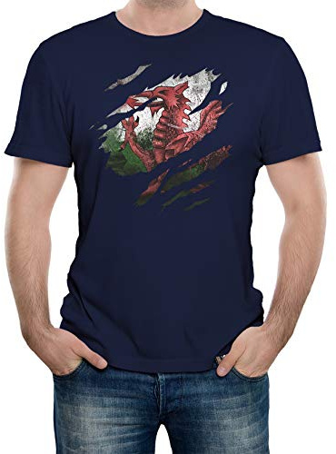 Reality Glitch Torn Wales Flag Tshirt Welsh Rugby Gift (Medium, Navy Blue) Camiseta, M para Hombre