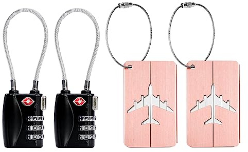 AOUTACC 2 Pack TSA Luggage Lock and 2 Pack Aluminium Metal Luggage Tags, Mini Combination Password and Suitcase Card Holder Bag Tag Name Address ID Bag Label with Key Ring