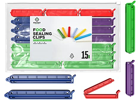 Bag Clips for Food Storage - Pack of 15-3 Assorted Sizes & 4 Colors for Sealing Food, Snacks, Coffee - Reusable Bag Sealer Clips for Home, Kitchen & Office