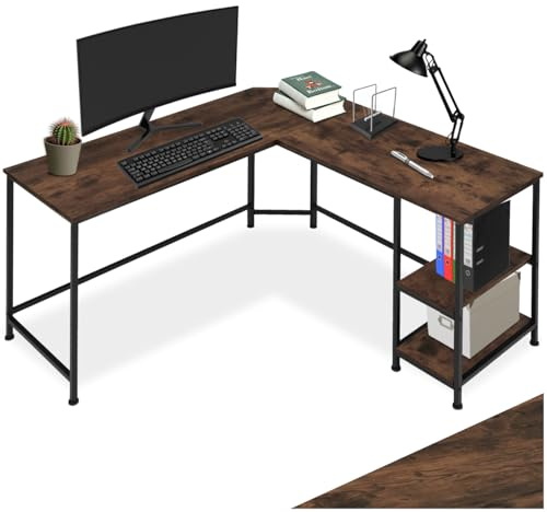 tectake® Bureau d'angle 138 x 138 x 75,5 cm Table de Bureau Design Industriel en Bois MDF & Acier avec Rangement Table de Travail Bureaux Ordinateur Desk Teletravail, Tables en L, Bois foncé