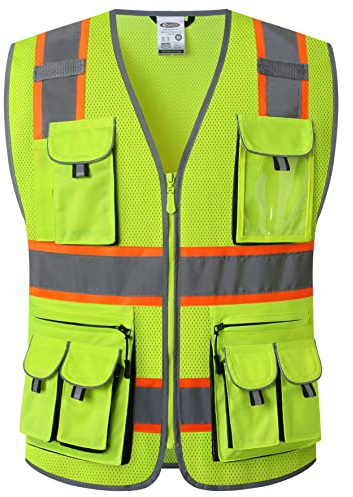 JKSafety 10 Pockets Hi-Vis Neon Color Frontal Zipper Mesh Safety Vest for Men Women Safety Utility for works Comply to ANSI/ISEA Class 2 (86-Yellow L)
