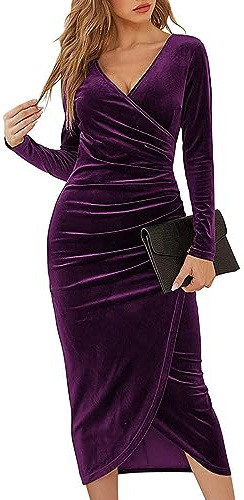 XIVISTO Lång sammetsklänning för kvinnor, långärmad V-ringad bodyconklänning, elegant aftonklänning, vintage, fest, cocktailklänning för höst vinter, violett, L