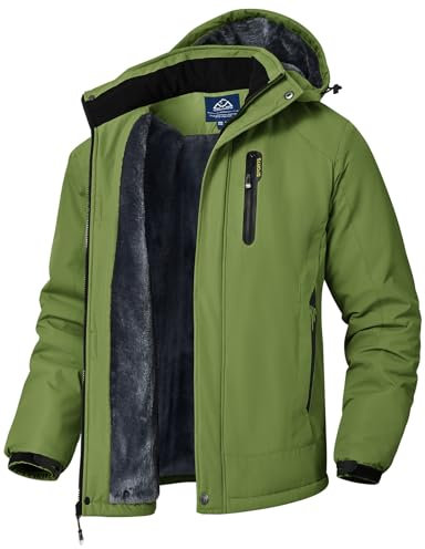 YSENTO Chaqueta de invierno para hombre, impermeable, cálida, forrada de forro polar, chaqueta de softshell transpirable, chaqueta de esquí y snowboard con capucha, verde, L