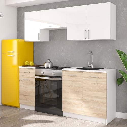 roe furniture Küchenzeile ohne Elektrogeräte - Modern Einbauküche 180 cm - Küche Komplett Leco - Küchenblock - Geräumige Singleküche - Küchenmöbel Komplett Sonoma & Weiß & Weiße Arbeitsplatte