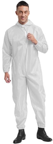 dPois Herren Schutzanzug Wiederverwendbar Arbeitsoverall Uniform Nylon Maleranzug Einteiler Overall mit Kapuze Antistatisch Arbeitskleidung Weiß L