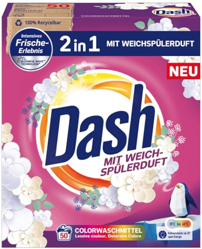 Dash 2 i 1 färgtvättmedel med sköljmedelsdoft, pulver – 3 kg (ca 50 tvättladdningar)