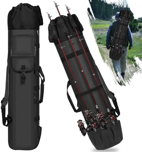 Fishing Rutentasche, Angeltasche Rutentasche Rutenfutteral Angelrutentasche, 600D Oxford Angelrutentaschen, Tragbar Angeltaschen Mit 2 Schultergurten Handschlaufen Rucksack für Angeln Angler (Black)