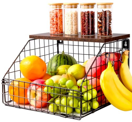 FoiiLiio Fruteros de Cocina Modernos Grande (30*30*20cm) Cesta Frutas y Verduras Cestas Apilables y Montables en la Pared, con Tapa de Madera, para Almacenar Fruteira y Aperitivos