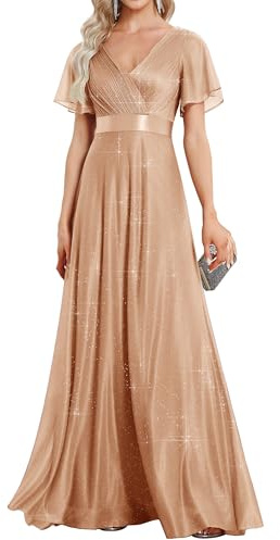 Ever-Pretty Robe Longue de Soiree Tulle Plissé Femme Manches Courtes Col V A Line Taille Empire Brillante Élégante Or Rose 46