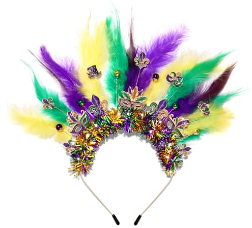 BVGA Mardi Gras Headband Fleur De Lis Mask Headbands Feather Crown Mardi Gras Accessories Carnival Masquerade Parade Gifts