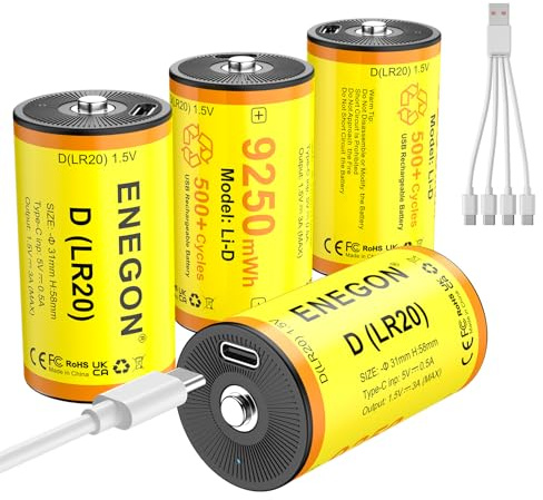 ENEGON Confezione da 4 Batterie Ricaricabili D – 9250 mWh agli Ioni di Litio D 1,5 V LR20 con Cavo USB-C (Ricarica 5V), per Auto Giocattolo Telecomandate, Lampade da Campeggio, Luci LED Portatili