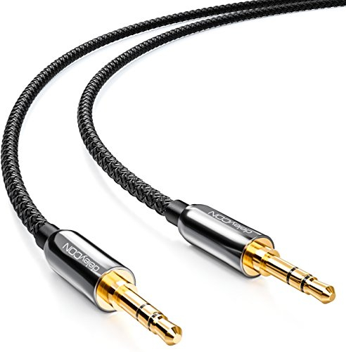 deleyCON 1.5m (4.92 ft.) Stereo Jack Cables, Jack Lead with Nylon Casing - Audio - AUX - 3.5mm Jack to 3.5mm Plug - Gold Plated Connectors - Black