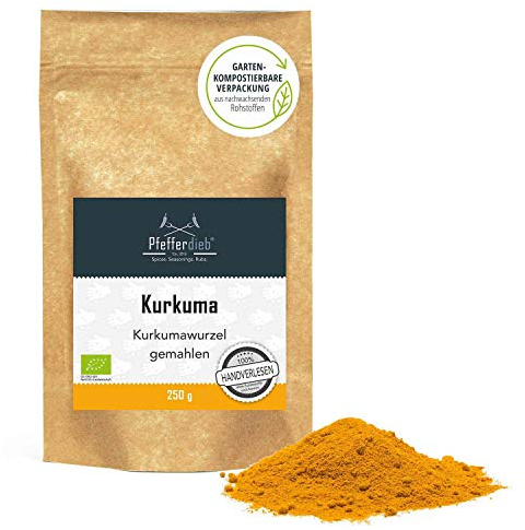 BIO Kurkuma Pulver (Gelbwurz Curcuma) 250g | Reine Kurkumawurzel fein gemahlen | hoher Curcumin Gehalt von 5,5% | Rohkostqualität | Pfefferdieb