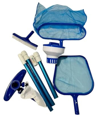 FibroPool Above Ground Pool Maintenance Kit – Telescoping Pole, Leaf Skimmer Net, Vacuum Head, Pool Brush, Floating Chlorinator & Test Strips – Easy Clean Kit for Inflatable & Soft-Sided Pools