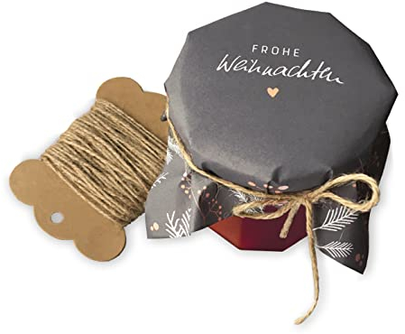25 Marmeladendeckchen - Frohe Weihnachten - Gläserdeckchen grau für Marmelade, Marmeladengläser & Einmachgläser, Recyclingpapier Abreißblock + 10 m Jute Garn + Justiergummi, Beeren & Tannenzweige