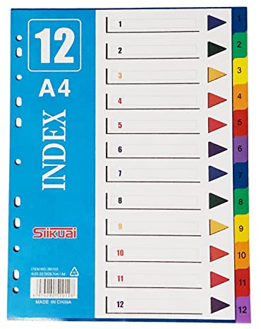 10 Pack A4 File Dividers, 1-12 Part Index Folder Dividers, Multi-Color Subject Binder Dividers A4 for Lever Arch, Office,School,