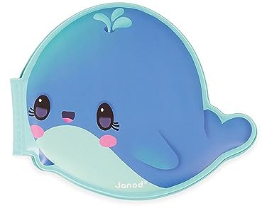 Janod - Libro de Baño Ballena Juguete de Bañera para Bebés - 8 Páginas Ilustradas - Libro de Estímulo con Forma de Ballena - A Partir de 10 Meses, J04720