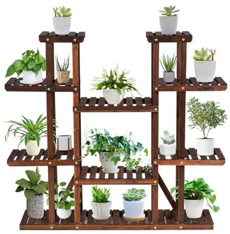 HOMASIS Scaffale Verticale per Piante con 6 Ripiani, Supporto Multifunzionale per Piante, Libri, Decorazioni, Portafiori da Terra in Legno da Esterni e Interni da Balcone, Giardino, 125 x 25 x 114 cm