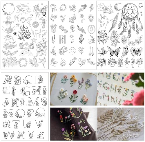ELNLE Lot de 100 motifs de broderie solubles dans l'eau - Autocollants de broderie auto-adhésifs - Pour projets de bricolage - Effaçables - Contient d'autres motifs tels que des papillons, des plantes