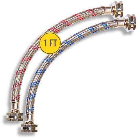 Short Washing Machine Hoses (1FT) - OCT Connect for Easy & Secure Tightening - Universal Fit to All Wash Machines - (2 Pack) Braided Stainless Steel - Burst Proof Washer Water Supply Line