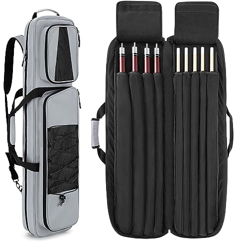 GOBUROS 4x5 Pool Queue Koffer, Billard Stick Tragetasche für 4 Kolben und 6 Schäfte, weiche Pool Stick Tasche mit großen Zubehörtaschen vorne und Schultergurt, Grau