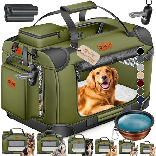 LOVPET® Caja de Transporte para Perro y Gato, Bolsa Plegable, Incl. Comedero y Bandolera, XXL - 91,4x63,5x63,5cm - Caqui