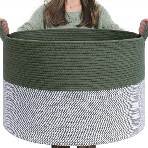 TIMEYARD 85L Large Cotton Rope Laundry Basket Blanket Storage Basket, Green | 55x35cm Decorative Rope Basket for Clothes, Towels, Blankets and Toys. Suitable for Bedroom, Nursery and Living Room
