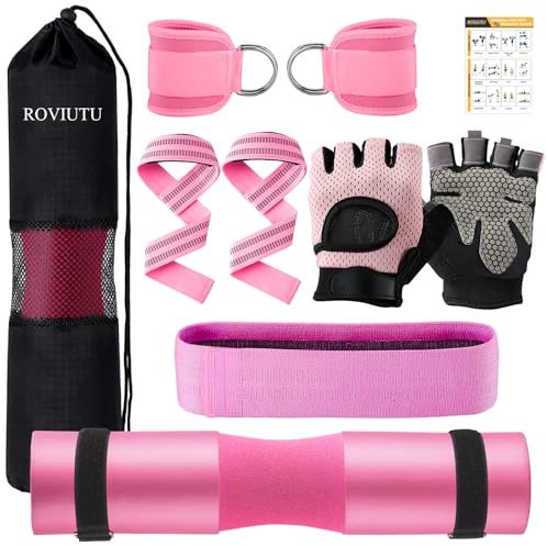 Barbell Pad Set,10 Pcs Barbell pads For Hip Thrust Squat & Lunges Support,With 2 Workout Ankle Straps, 2 Workout Gloves, 2 Gym Straps Weight Lifting, Resistance Bands,Olympic Bar Pad,Carry Bag (Pink, Small-Gloves)