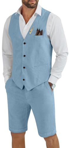 Tiefony Men's Linen 2 Piece Suit Slim Fit Wedding Groom Groomsmen Summer Vest Shorts Set Light Blue XL