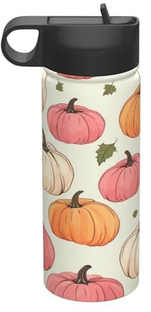 Mexpekil Insulated Water Bottle With Straw Pastel Pink Pumpkin Pattern Water Bottle 18 Oz Stainless Steel Kids Sports Bottle Flask Vacuum Insulated Tumblers