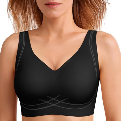 JoliComfy Bras for Women Push Up Bra Seamless Non Wired Bralette Wireless Support Bra w Extender(Black,XXL)