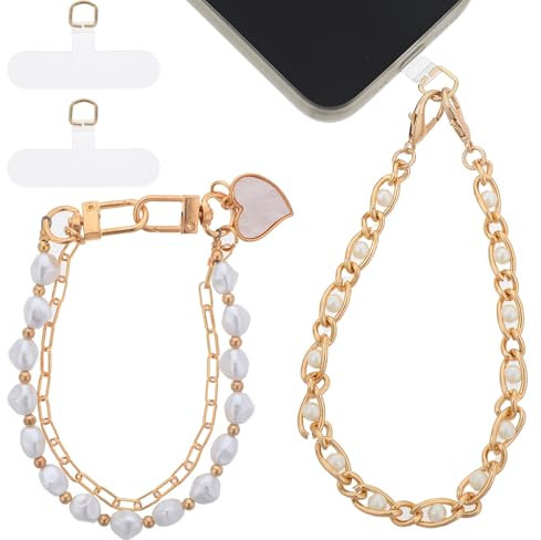 Bewudy Pulsera para teléfono móvil, 2 unidades, cadena universal para teléfono móvil, colgante para teléfono móvil, cadena de cuentas, cordón desmontable para teléfono móvil, llavero para mujeres y