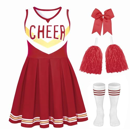 SCYPRUTH Cheerleader Costume for Girls Cheerleader Outfit for Kids Cheerleading Dress with Pom Poms for Halloween Dress Up