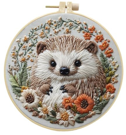 Meecaa Cute Animal Flower Hedgehog Embroidery Kit Starter Set, Hand Embroidery Set,Pattern Printed Cross Stitch Set for Beginner Adults, with Embroidery Hoop and Instructions (Cute)