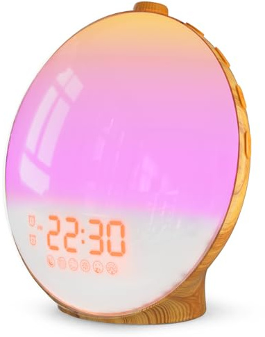Dekala Sunrise Alarm Clock for Heavy Sleepers, Wood Grain Wake up Light Sunset Simulation, 7 Nature Sounds, Dual Alarms, Colorful Ambient Lamp, FM Radio, Snooze, Sleep Aid for Kids & Adults Bedroom