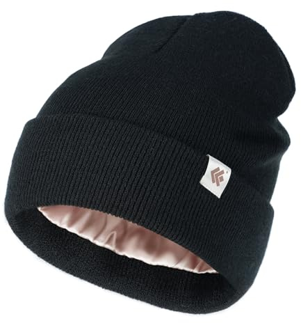 Creekstone satinfodrad vintermössa för kvinnor män ledig mössa för hår, varm stickad mössa satin fodrad beanie hatt unisex, svart, one size