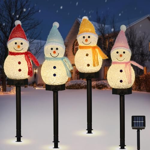 Lewondr 4PCS Luces Solar Exterior, Impermeable Jardín Césped Camino con 8 Modos de Iluminación, Muñeco de Nieve Luces Solares LED Exterior Jardin, Decoración de Navidad para Fiesta