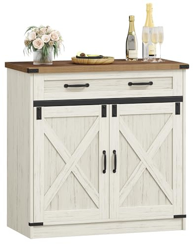Hzuaneri Credenza cucina, Mobile Cucina con 1 Cassetto, 2 Ante, Ripiani Regolabili, Stile Country Cottage, 40 x 80 x 80 cm, Ambiente Pranzo, Soggiorno, Bianco Rustico e Noce Medio SC84814X