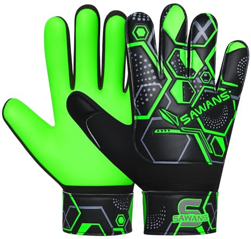 SAWANS Football Soccer Goalkeeper Gloves For Boys Durable Comfortable kids Children Youth Goalie Gloves Wrist Support Strong Grip Padded Palm (Black/Green, Size 4 suitable for 5 to 8 Years old)