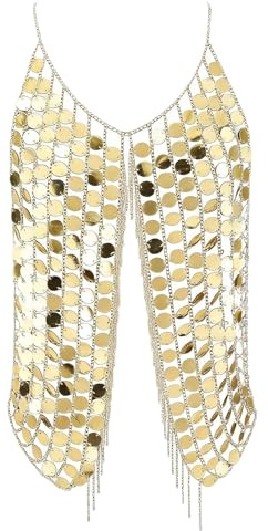 AHANDMAKER Collana sexy per il corpo in oro scintillante, in plastica con paillettes, nappe regolabili, bikini accessorio per donna estiva, festa in spiaggia
