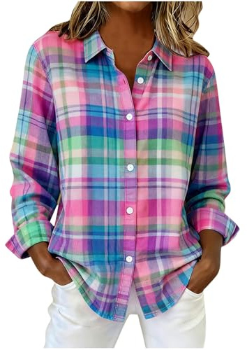 Womens Checked Shirt Long Sleeve Button Down Blouse Loose Casual Tops Classic Check Design Soft Comfortable Daily Wear Ladies Plaid Shirts Spring Summer Outfits