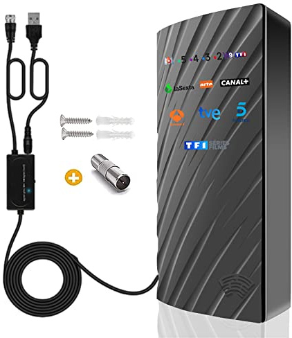 Antenne TV Extérieure Intérieur, 39DBI 480 km Réception Antenne TNT avec Câble Coaxial de 10m, Gain élevé Signal Amplificateur et Mode Double Signal pour 1080P 4K DVB-T DVB-T2 VHF UHF