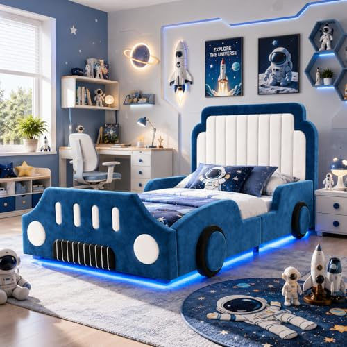 Merax 3FT Single Upholstered Bed Frame 90 x 190 cm, Velvet Children's Bed with Safety Side Rails and LED Lighting, Car-Inspired Design Bed Frame for Kids Bedroom, Blue, Mattress Not Included